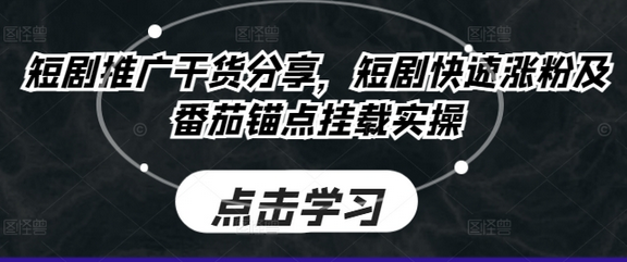 短剧推广干货分享，短剧快速涨粉及番茄锚点挂载实操-SSOKS网创项目-分享创业资讯_最新网络项目资源