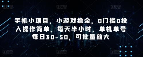 手机小项目，小游戏撸金，0门槛0投入操作简单，每天半小时，单机单号每日30-50，可批量放大 2025-04-27 分类：VIP教程 / 网赚教程 / 网赚项目 评论(0)-SSOKS网创项目-分享创业资讯_最新网络项目资源