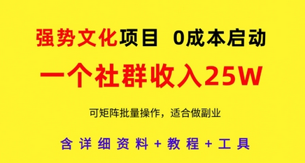 强势文化项目，一个社群收入25个W，0成本启动，可矩阵批量操作，原创详细实操教程 2025-04-29 分类：VIP教程 / 网赚教程 / 网赚项目 评论(0)-SSOKS网创项目-分享创业资讯_最新网络项目资源
