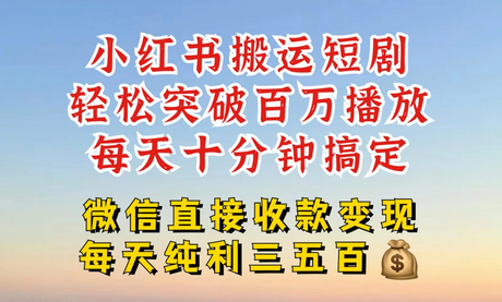 小红书搬运热门短剧，轻松爆流百万播放，每天引流几十人，搞个大几百块真的很简单-SSOKS网创项目-分享创业资讯_最新网络项目资源