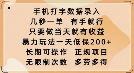 手机打字数据录入，几秒一单，有手就行，只要做当天就有收益，暴力玩法一天低保2张-SSOKS网创项目-分享创业资讯_最新网络项目资源