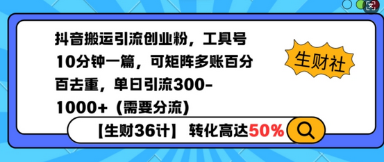 抖音搬运引流创业粉，工具号10分钟一篇，可矩阵多账百分百去重，单日引流300+（需要分流）-SSOKS网创项目-分享创业资讯_最新网络项目资源
