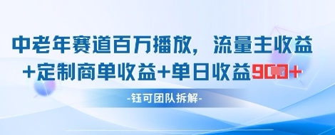 中老年赛道百万播放+流量主收益+定制收益，单日收益9张 2025-04-24 分类：VIP教程 / 网赚教程 / 网赚项目 评论(0)-SSOKS网创项目-分享创业资讯_最新网络项目资源