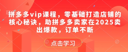 拼多多vip课程，零基础打造店铺的核心秘诀，助拼多多卖家在2025卖出爆款，订单不断 2025-05-07 分类：VIP教程 / 网赚教程 / 网赚项目 评论(0)-SSOKS网创项目-分享创业资讯_最新网络项目资源
