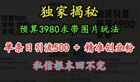 预算3980求带 图片玩法，单条日引流500+精准创业粉，私信根本回不完-SSOKS网创项目-分享创业资讯_最新网络项目资源