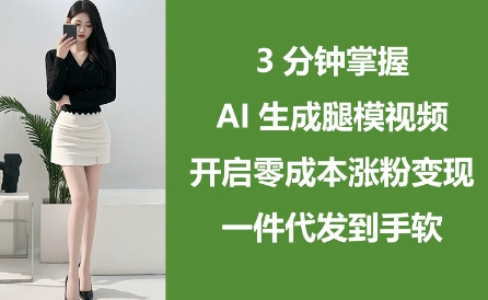 3分钟掌握AI生成腿模视频，开启零成本涨粉变现，一件代发到手软 2025-04-27 分类：VIP教程 / 短视频 / 网赚项目 评论(0)-SSOKS网创项目-分享创业资讯_最新网络项目资源