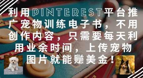 利用Pinterest平台推广宠物训练电子书，不用创作内容，只需要每天利用业余时间，上传宠物图片就能挣美金! 2025-04-28 分类：VIP教程 / 网赚教程 / 网赚项目 评论(0)-SSOKS网创项目-分享创业资讯_最新网络项目资源