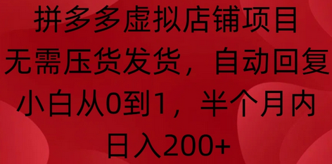 拼多多虚拟店铺项目，无需压货发货，自动回复，小白从0到1，半个月内日入200+-SSOKS网创项目-分享创业资讯_最新网络项目资源