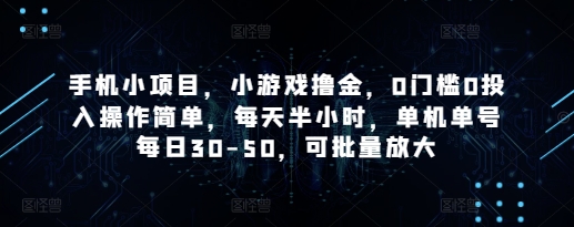 手机小项目，小游戏撸金，0门槛0投入操作简单，每天半小时，单机单号每日30-50，可批量放大-SSOKS网创项目-分享创业资讯_最新网络项目资源