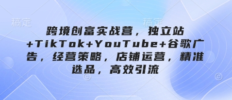 跨境创富实战营，独立站+TikTok+YouTube+谷歌广告，经营策略，店铺运营，精准选品，高效引流 2025-04-17 分类：VIP教程 / 网赚教程 / 网赚项目 评论(0)-SSOKS网创项目-分享创业资讯_最新网络项目资源