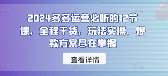 2024多多运营必听的12节课，全程干货，玩法实操，爆款方案尽在掌握-SSOKS网创项目-分享创业资讯_最新网络项目资源